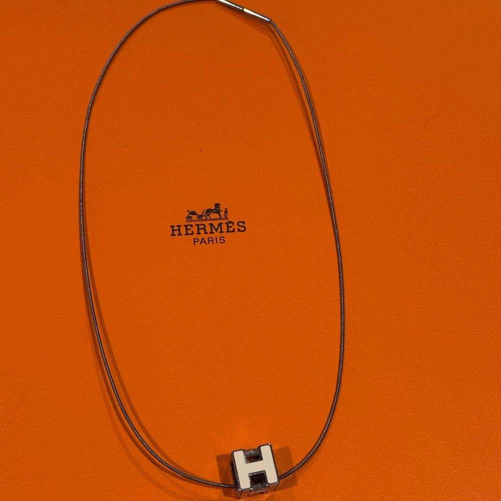 Authentic Hermès Silver and Black H Pendant Necklace